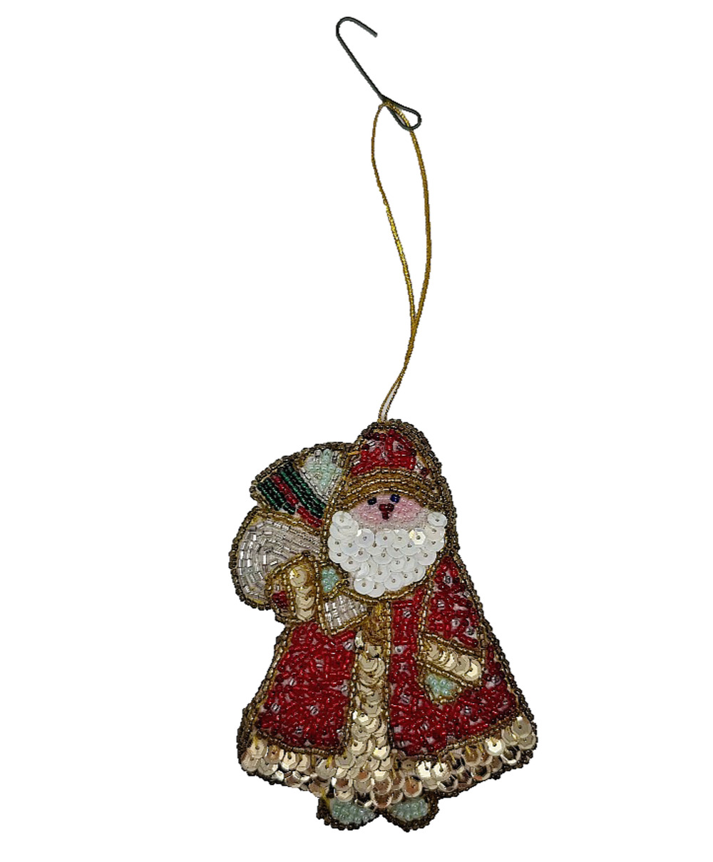Vintage Handmade Beaded Sequin Santa Claus Christmas Tree Ornament 4"